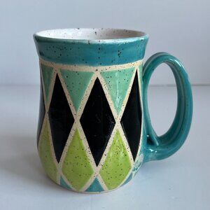 Studio Pottery Handmade Art Mug Colourful Green Diamonds Bohemian Collectible